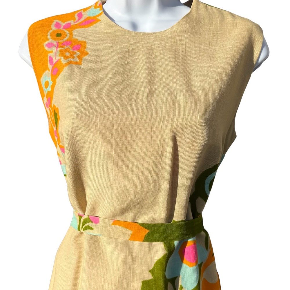 Vintage 60s Mod Floral Woven Shift Sheath Dress Tan Orange Green Pink - Picture 4 of 16